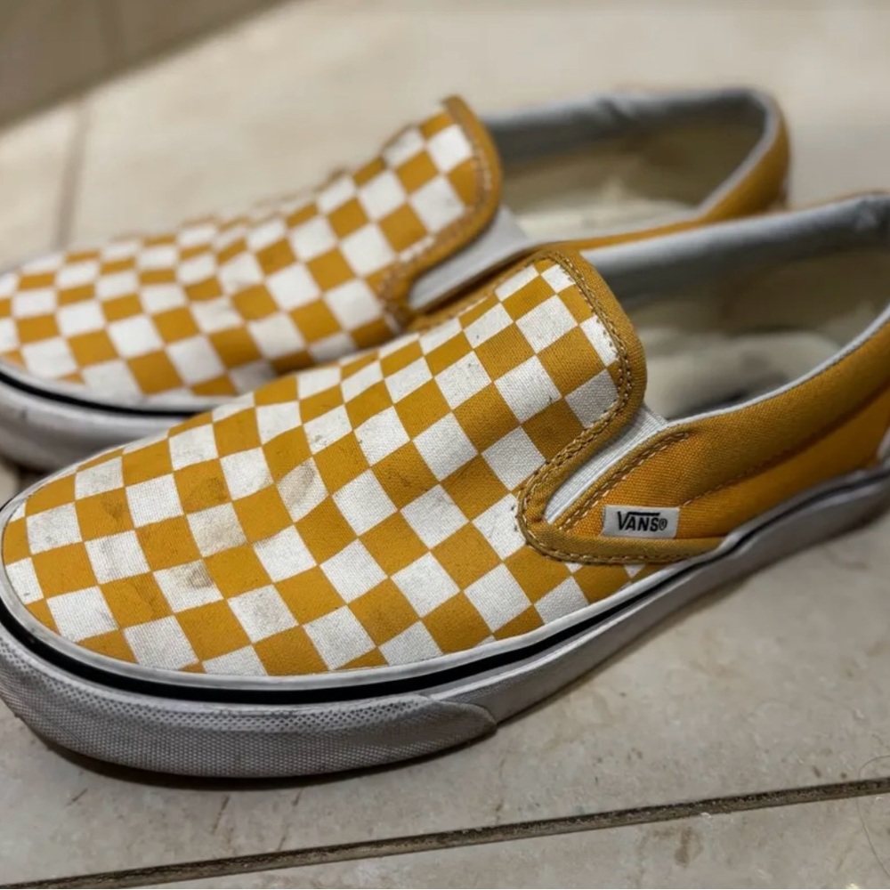 Vans Yellow and White Checkered Slip-On Sneakers